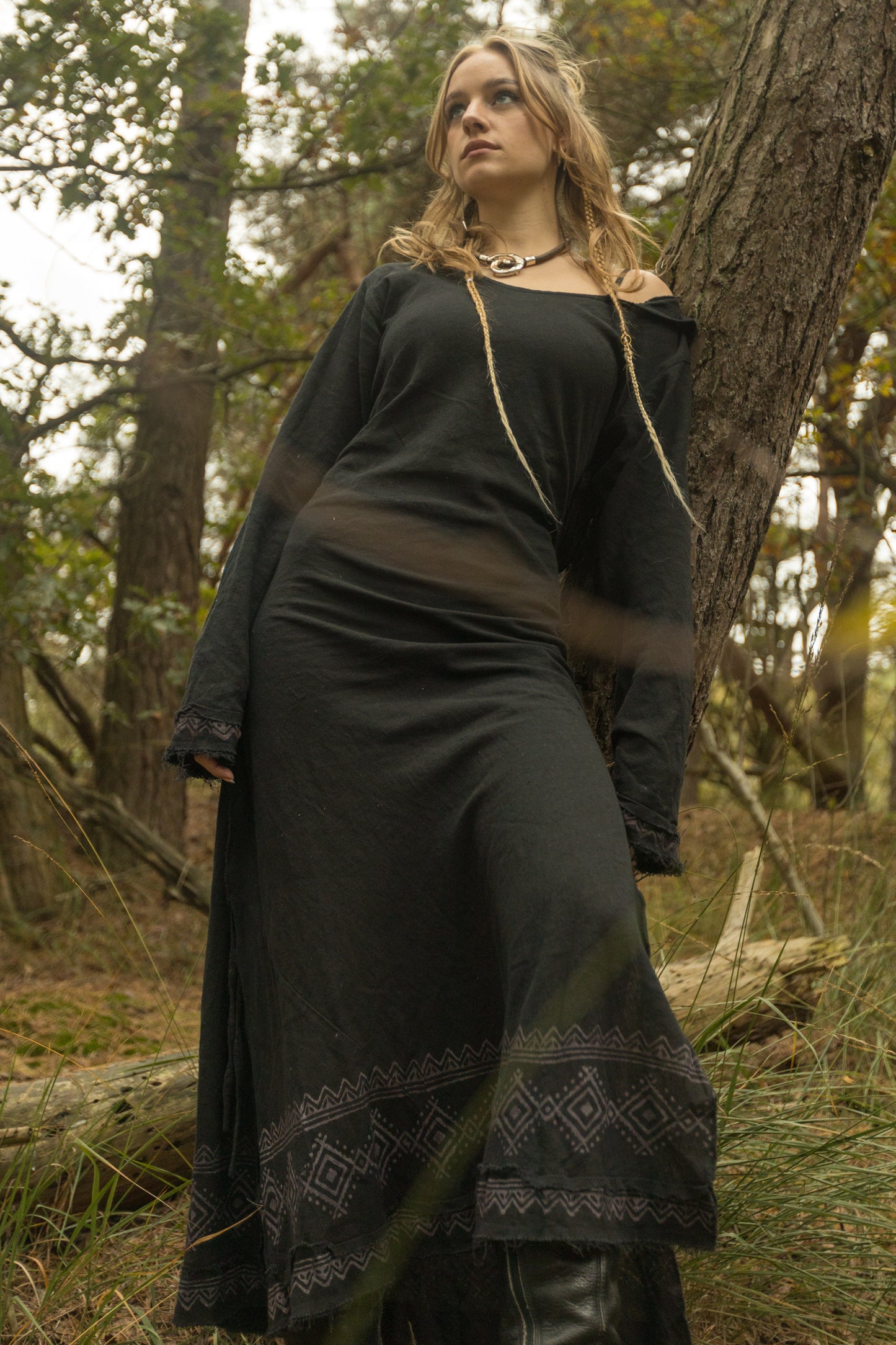 MISTIK Maxi Dress Night Black Long Sleeve Hooded Ankle Length Natural Dyed Cotton Block Printed Pattern Fairy Gypsy Boho Festival AJJAYA