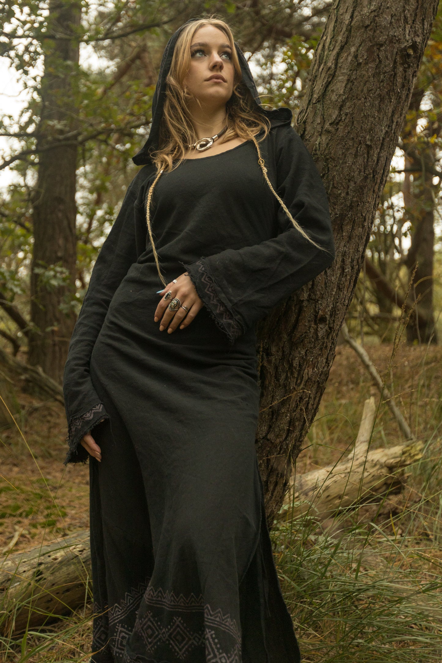 MISTIK Maxi Dress Night Black Long Sleeve Hooded Ankle Length Natural Dyed Cotton Block Printed Pattern Fairy Gypsy Boho Festival AJJAYA