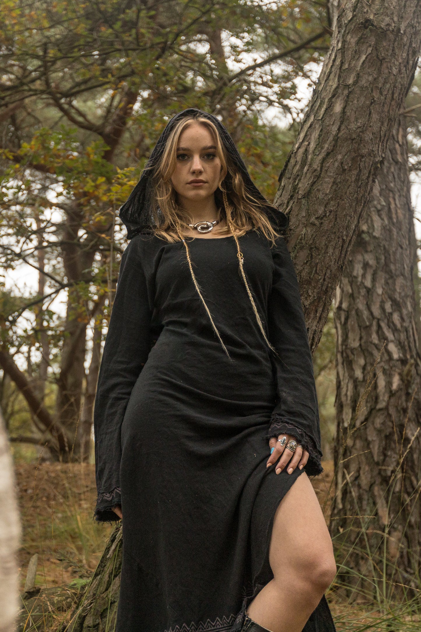 MISTIK Maxi Dress Night Black Long Sleeve Hooded Ankle Length Natural Dyed Cotton Block Printed Pattern Fairy Gypsy Boho Festival AJJAYA