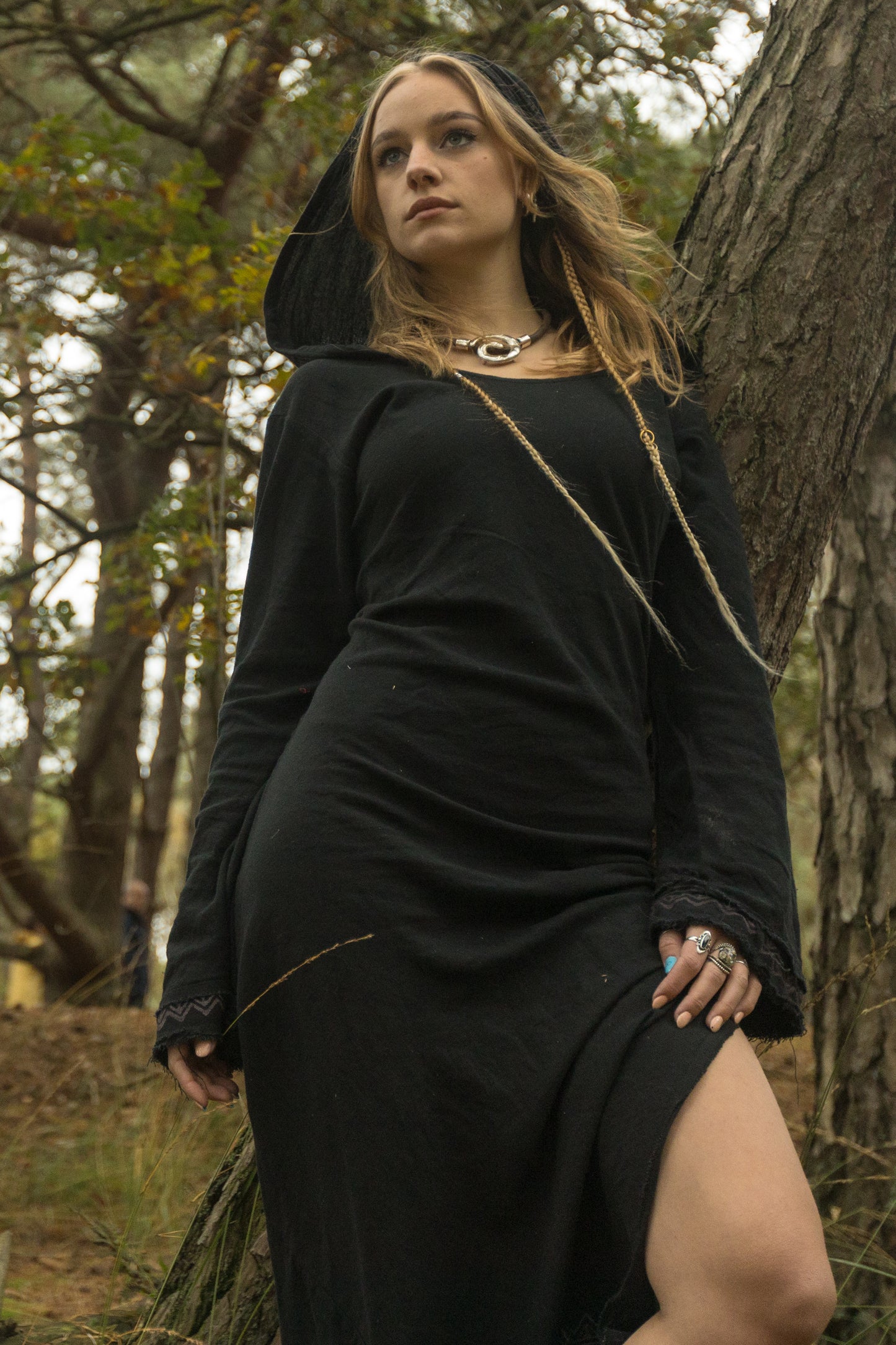 MISTIK Maxi Dress Night Black Long Sleeve Hooded Ankle Length Natural Dyed Cotton Block Printed Pattern Fairy Gypsy Boho Festival AJJAYA