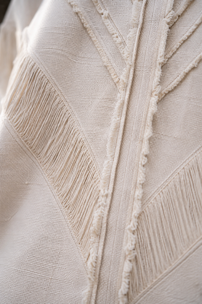 Close-up of a cream-colored woven textile with fringe trim and a textured chevron pattern.