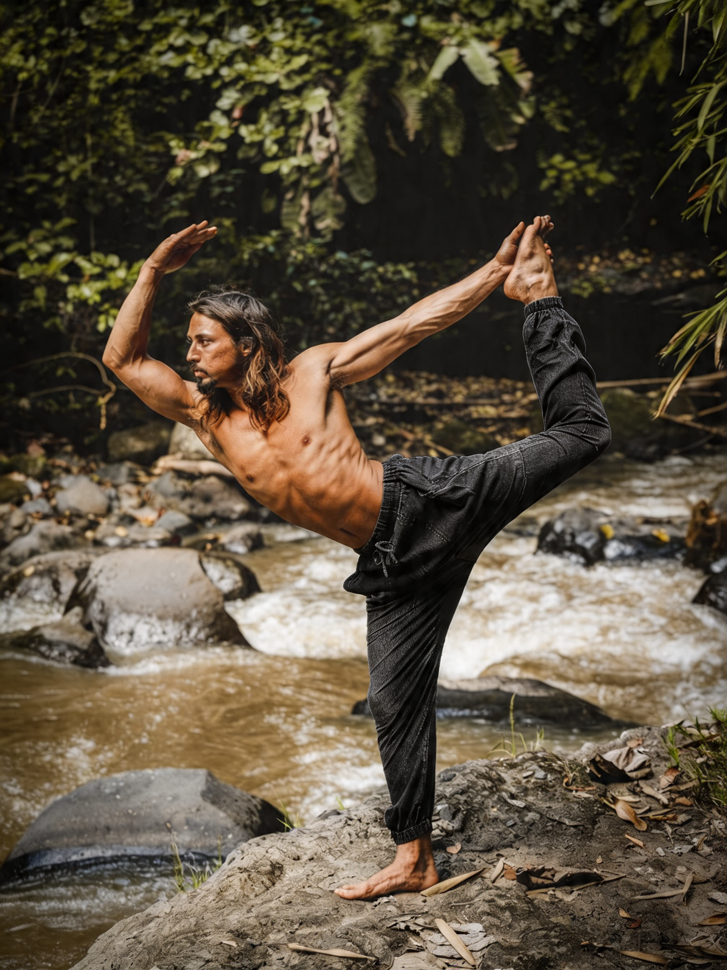 YUGI Beige Pantalon de yoga Harem en coton pour homme Poches teintées de plantes naturelles Yogi Respirant Gym Pantalon droit Cordon de serrage flexible Festival Rave AJJAYA