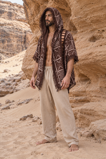 WIZARD Mens Hooded Kimono Vest Brown Tribal Pattern