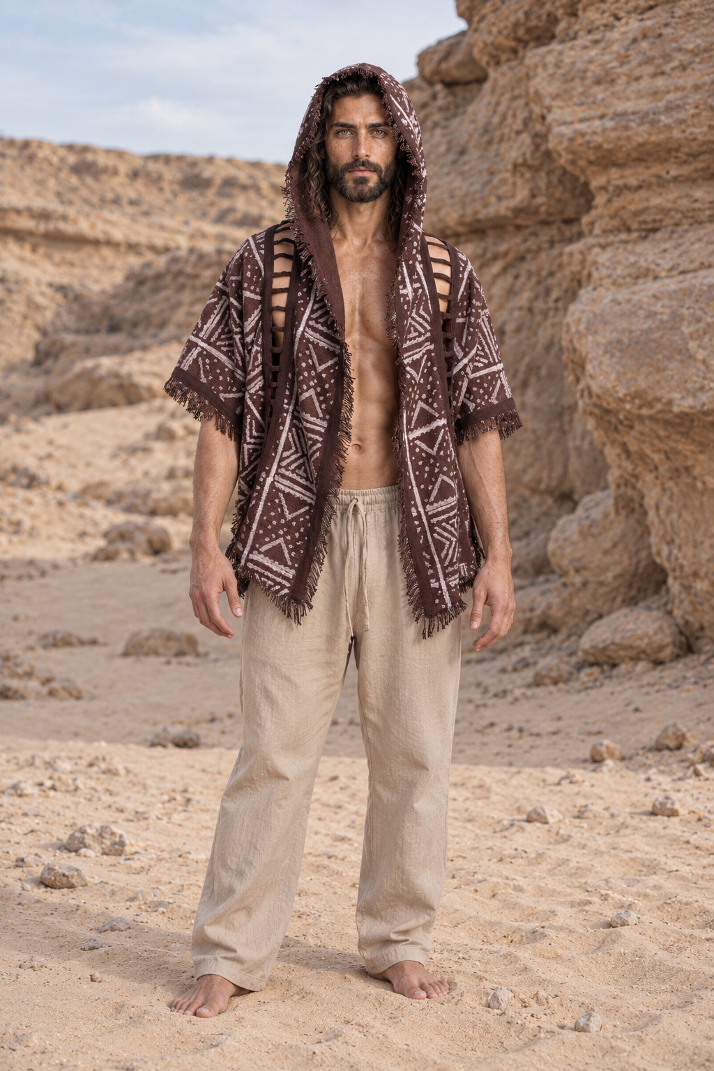 WIZARD Mens Hooded Kimono Vest Brown Tribal Pattern