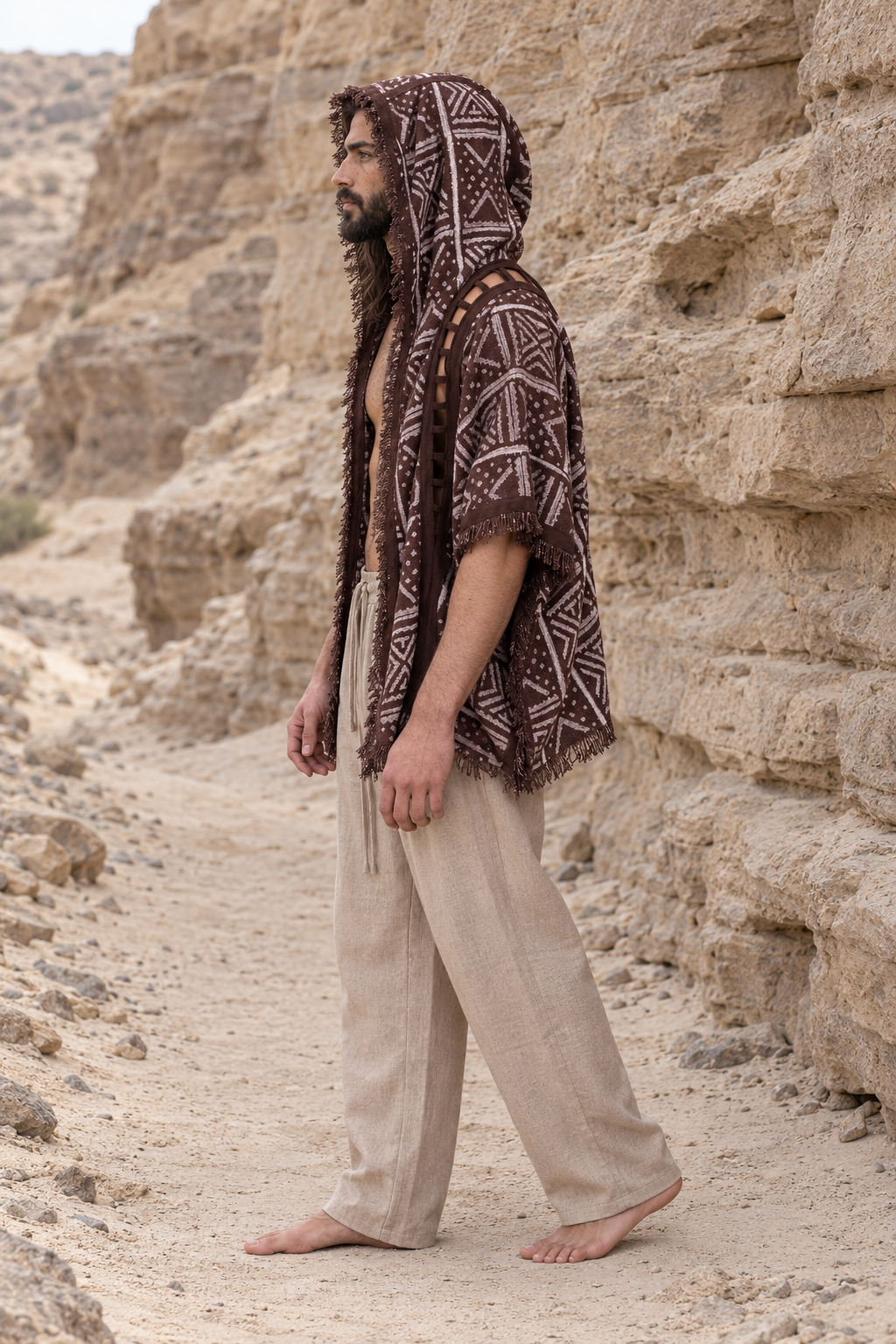 WIZARD Mens Hooded Kimono Vest Brown Tribal Pattern