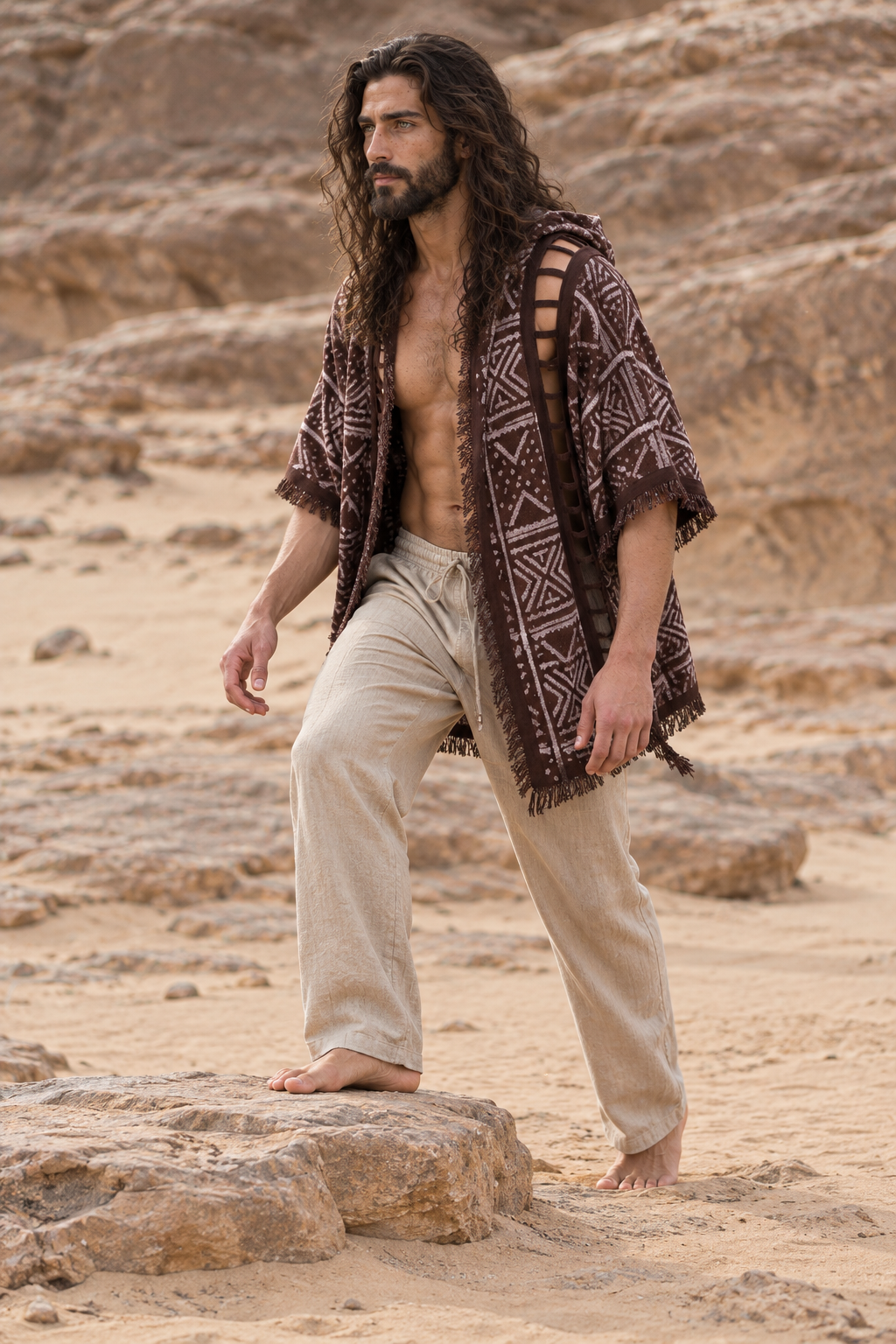 WIZARD Mens Hooded Kimono Vest Brown Tribal Pattern