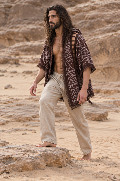 WIZARD Mens Hooded Kimono Vest Brown Tribal Pattern