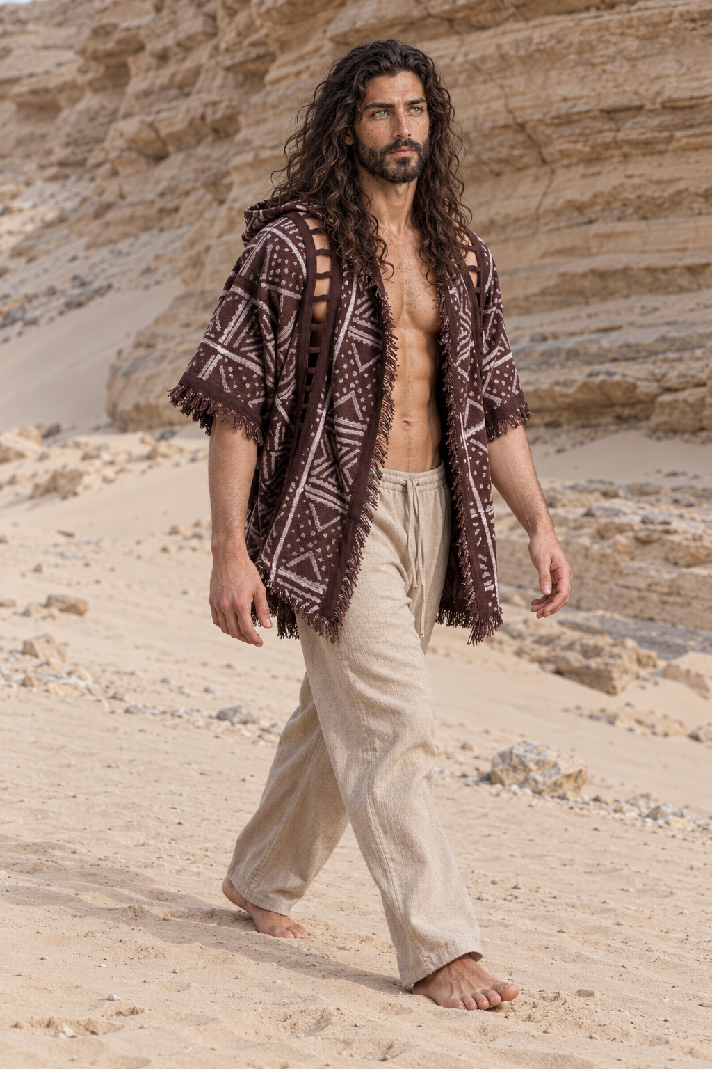 WIZARD Mens Hooded Kimono Vest Brown Tribal Pattern