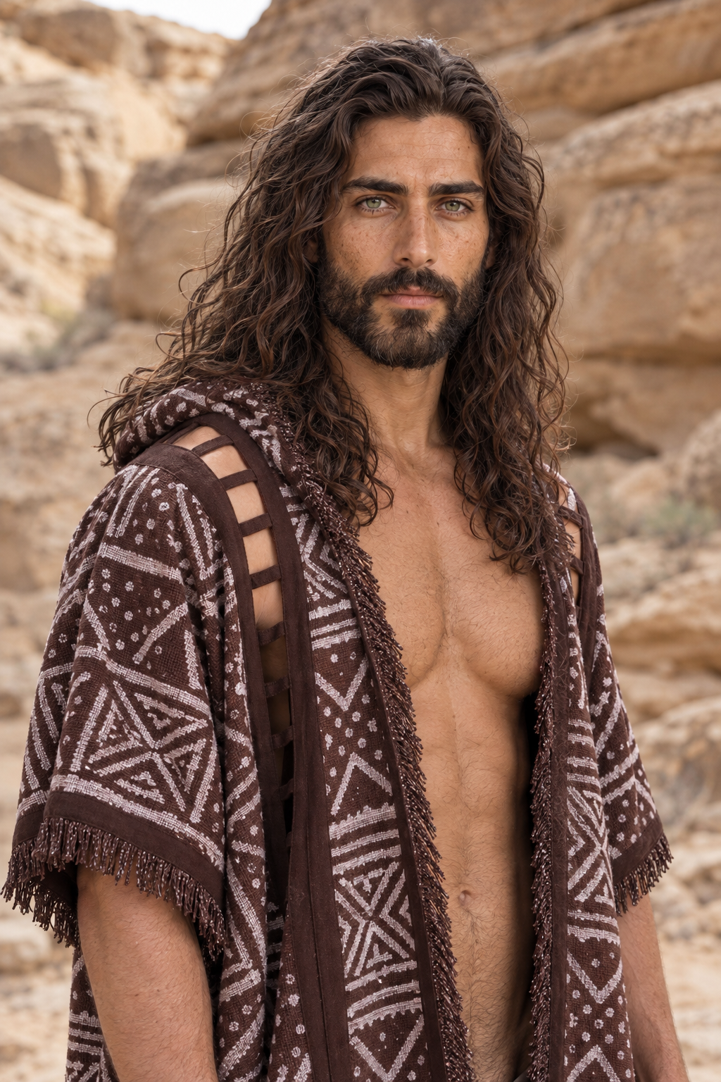 WIZARD Mens Hooded Kimono Vest Brown Tribal Pattern