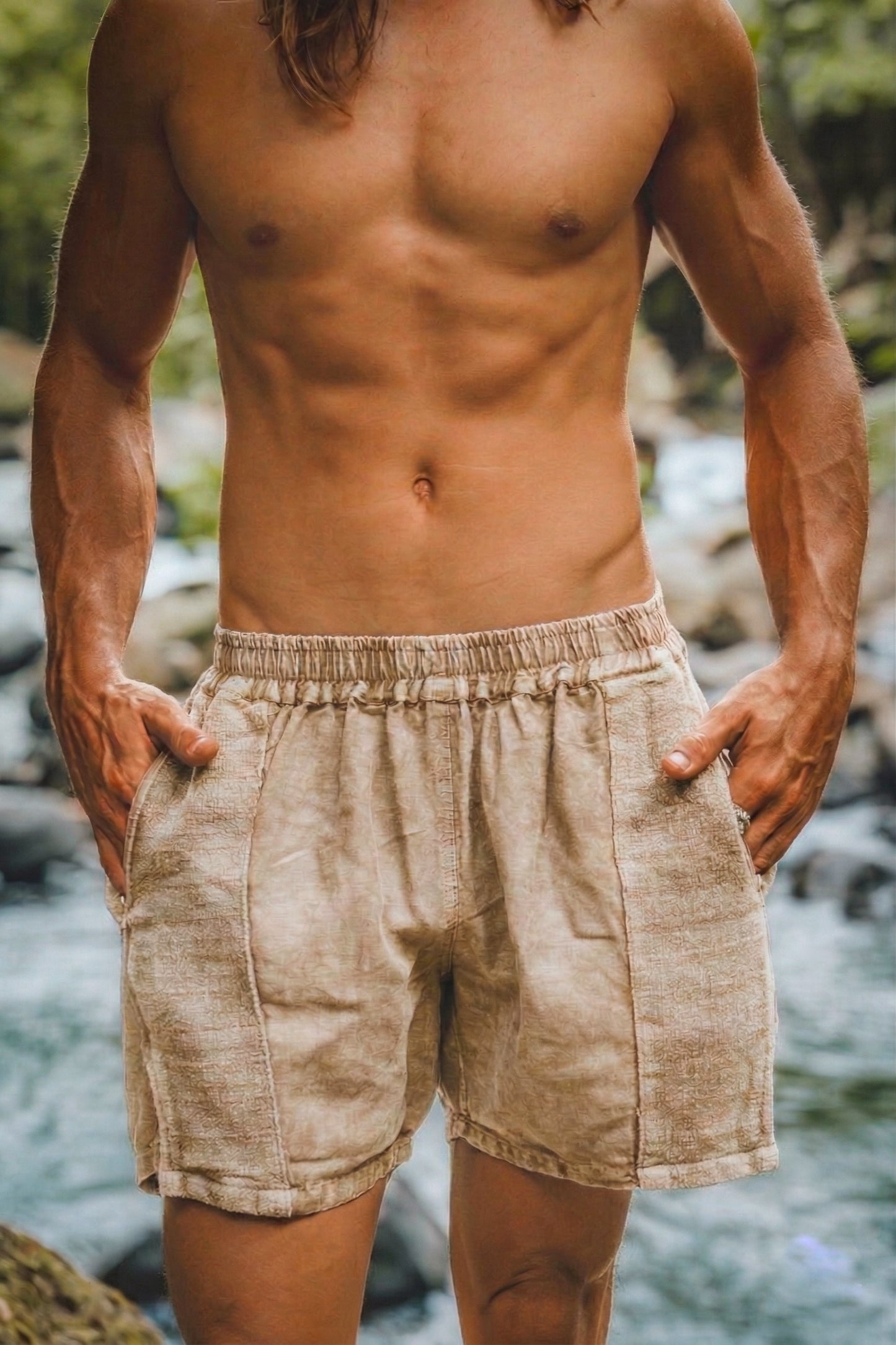 DABEST Short Pants Linen Beige Zipped Pockets Yoga Breathable Handmade Comfortable Mens Shorts Workout Ninja Festival Gym AJJAYA