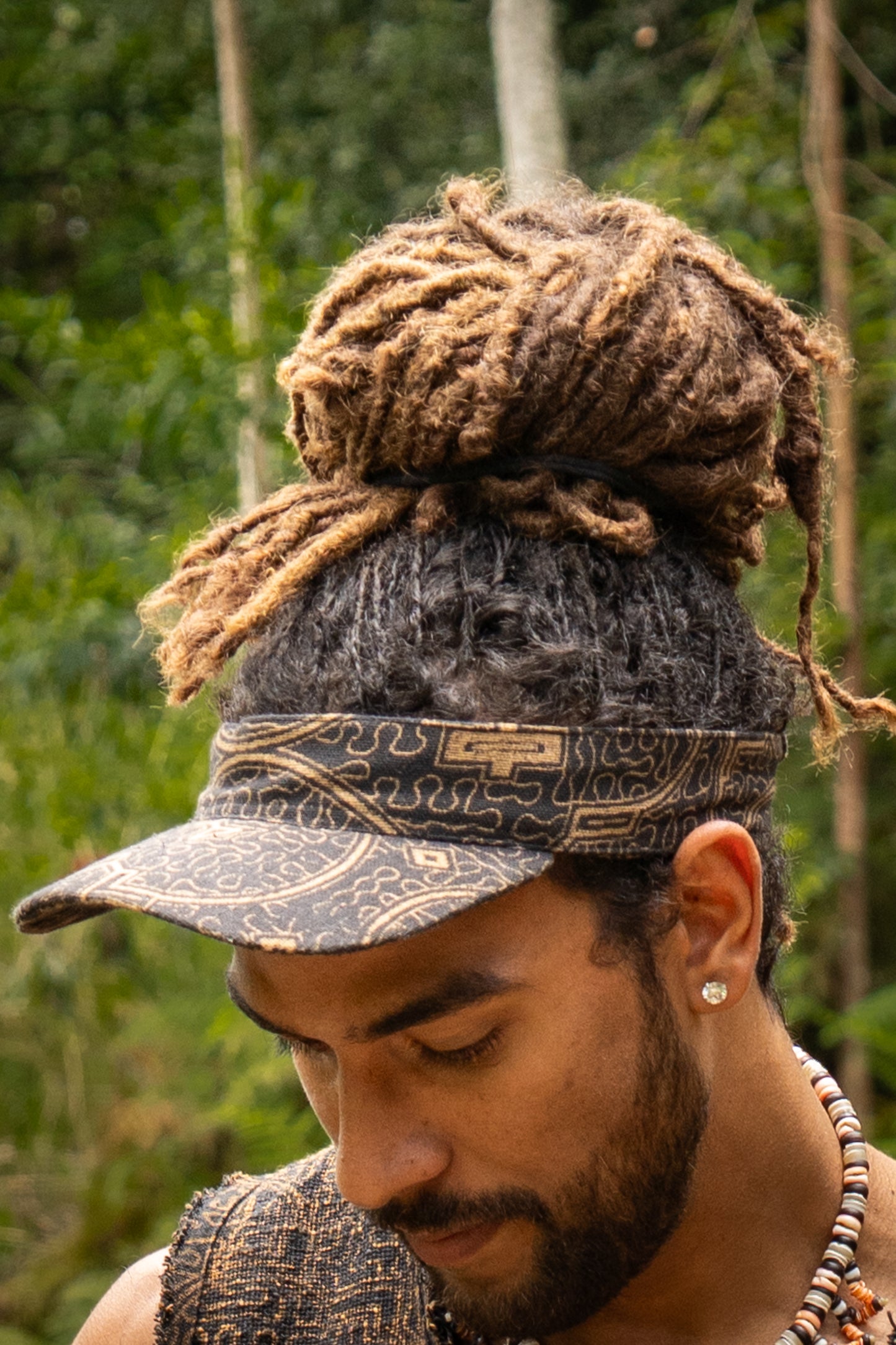 SHIPISOR Black Visor Dreadlock Cap with Shipibo Patterns Natural Cotton Adjustable strap Tribal Festival Ceremony Ritual AJJAYA