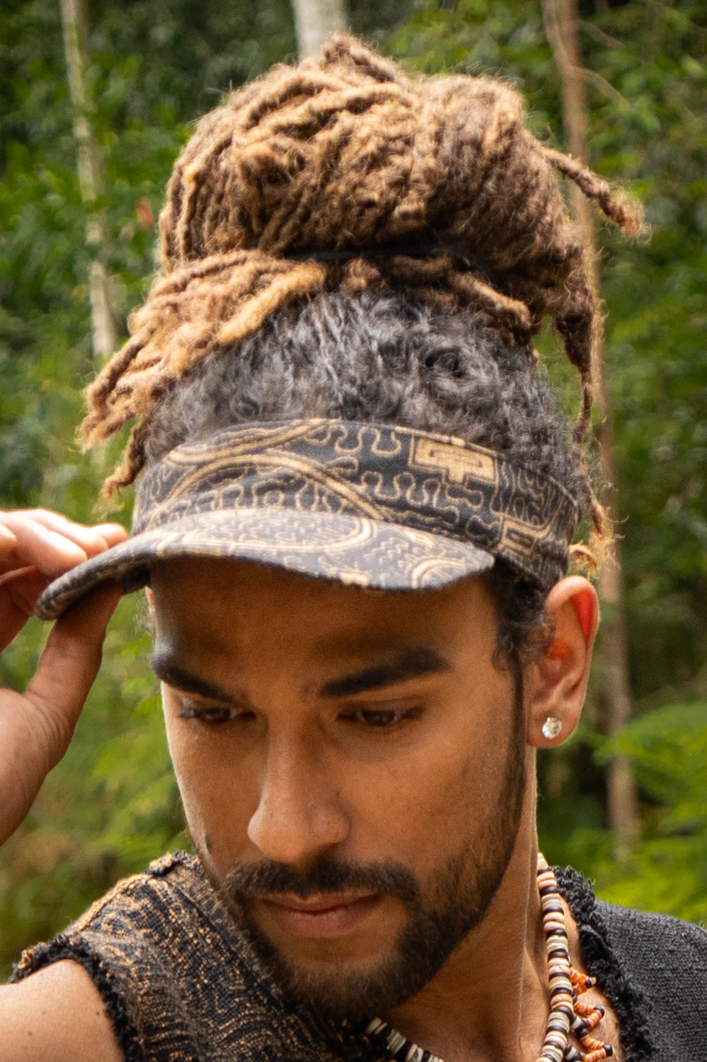 SHIPISOR Womens White Visor Dreadlock Cap with Shipibo Patterns Handmade Natural Cotton Adjustable strap Tribal Festival Ceremony Ritual AJJAYA