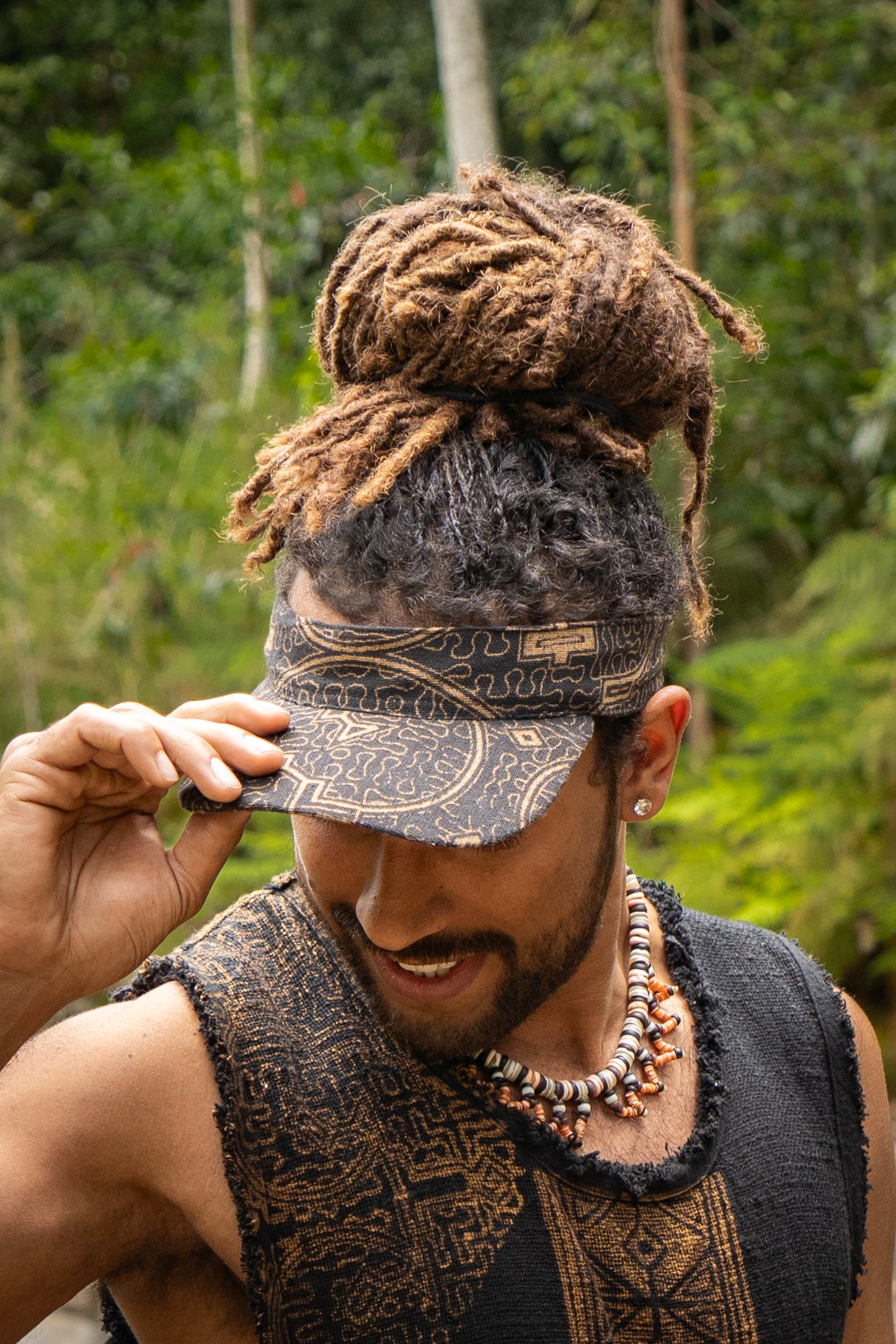 SHIPISOR Black Visor Dreadlock Cap with Shipibo Patterns Natural Cotton Adjustable strap Tribal Festival Ceremony Ritual AJJAYA