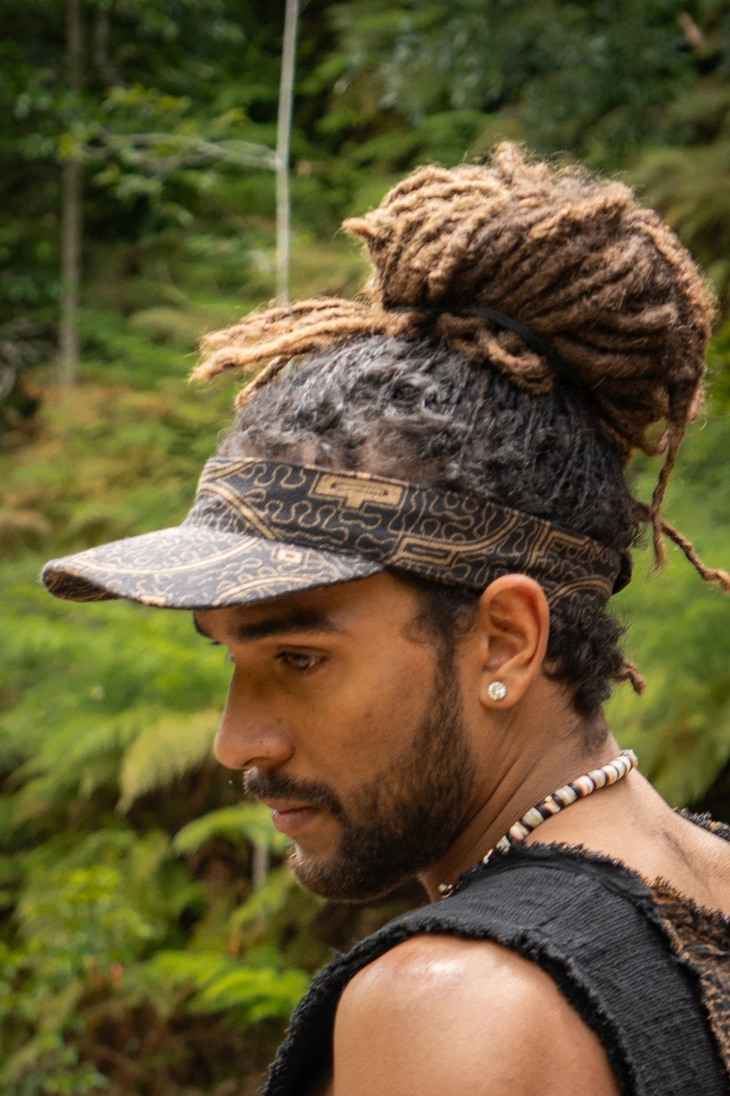 SHIPISOR Black Visor Dreadlock Cap with Shipibo Patterns Natural Cotton Adjustable strap Tribal Festival Ceremony Ritual AJJAYA