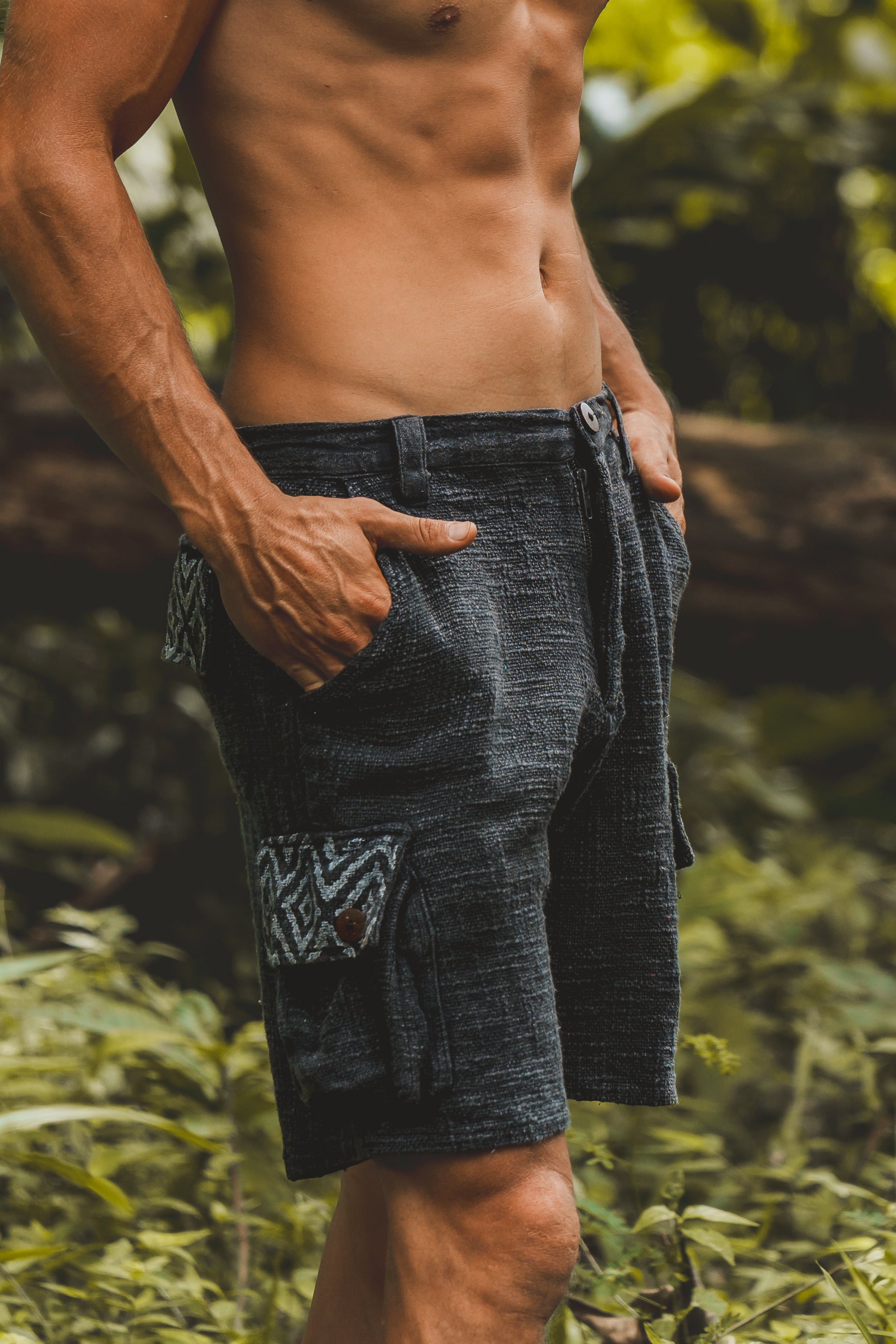 KORO Black Cargo Short Cotton Tribal Pants Stone Washed Pockets