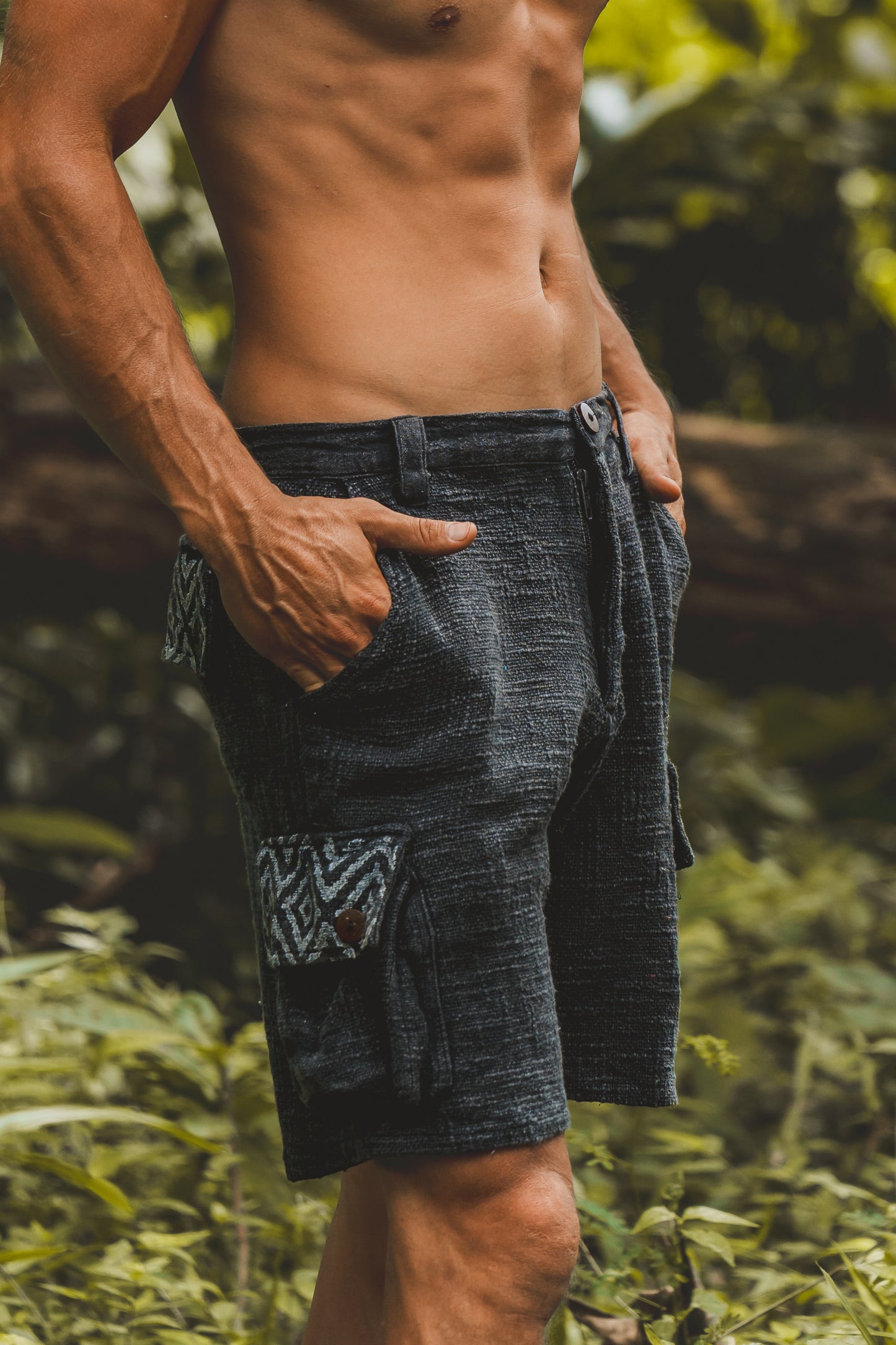 KORO Black Cargo Short Pants Mens Stone Washed Cotton Shorts Naturally Dyed Block Printed Tribal Patterns Festival Tactical Functional Pockets Above Knee AJJAYA