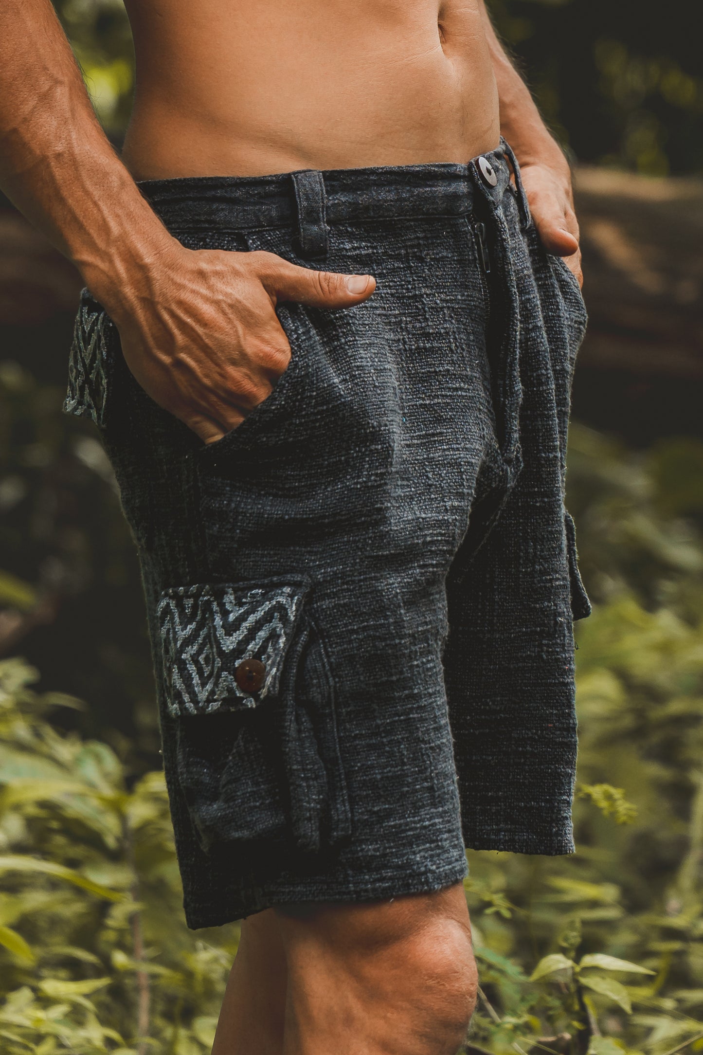 KORO Black Cargo Short Pants Mens Stone Washed Cotton Shorts Naturally Dyed Block Printed Tribal Patterns Festival Tactical Functional Pockets Above Knee AJJAYA