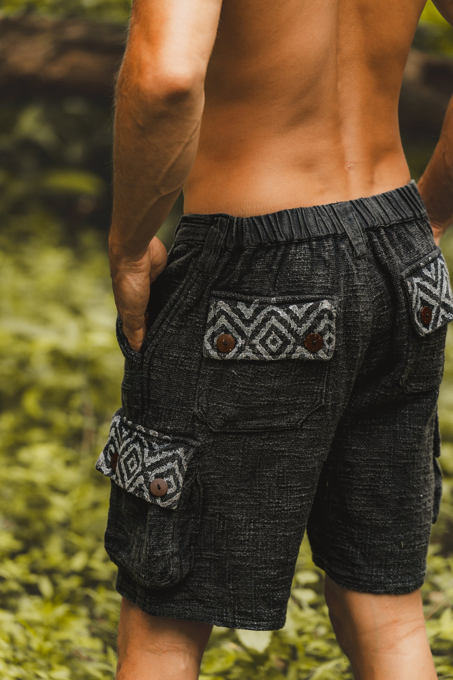 KORO Black Cargo Short Pants Mens Stone Washed Cotton Shorts Naturally Dyed Block Printed Tribal Patterns Festival Tactical Functional Pockets Above Knee AJJAYA