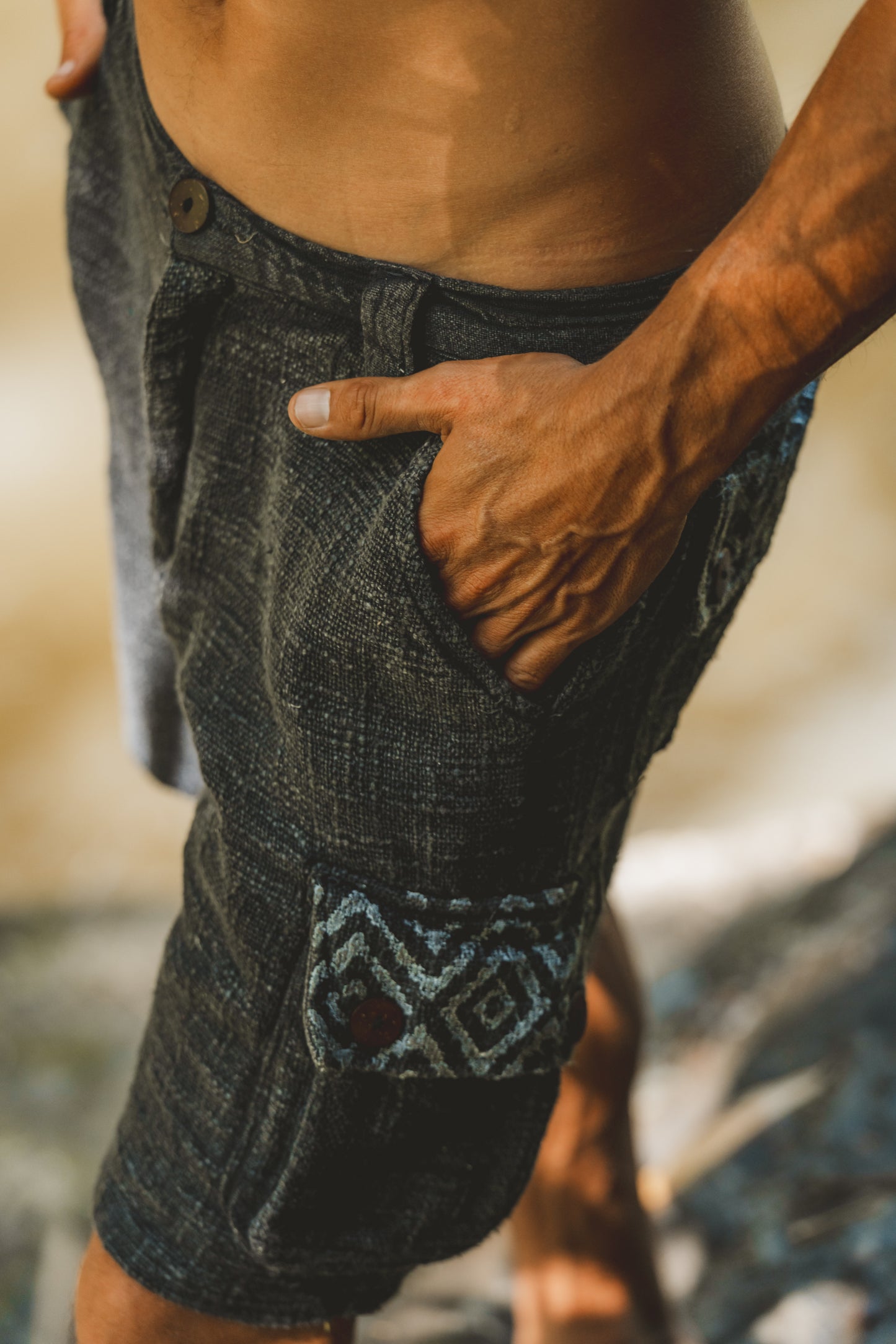 KORO Black Cargo Short Pants Mens Stone Washed Cotton Shorts Naturally Dyed Block Printed Tribal Patterns Festival Tactical Functional Pockets Above Knee AJJAYA