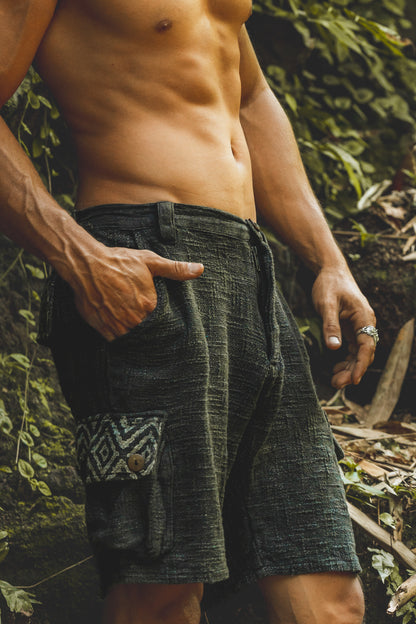 KORO Black Cargo Short Pants Mens Stone Washed Cotton Shorts Naturally Dyed Block Printed Tribal Patterns Festival Tactical Functional Pockets Above Knee AJJAYA