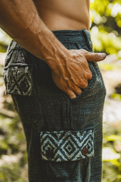 KORO Black Cargo Short Pants Mens Stone Washed Cotton Shorts Naturally Dyed Block Printed Tribal Patterns Festival Tactical Functional Pockets Above Knee AJJAYA