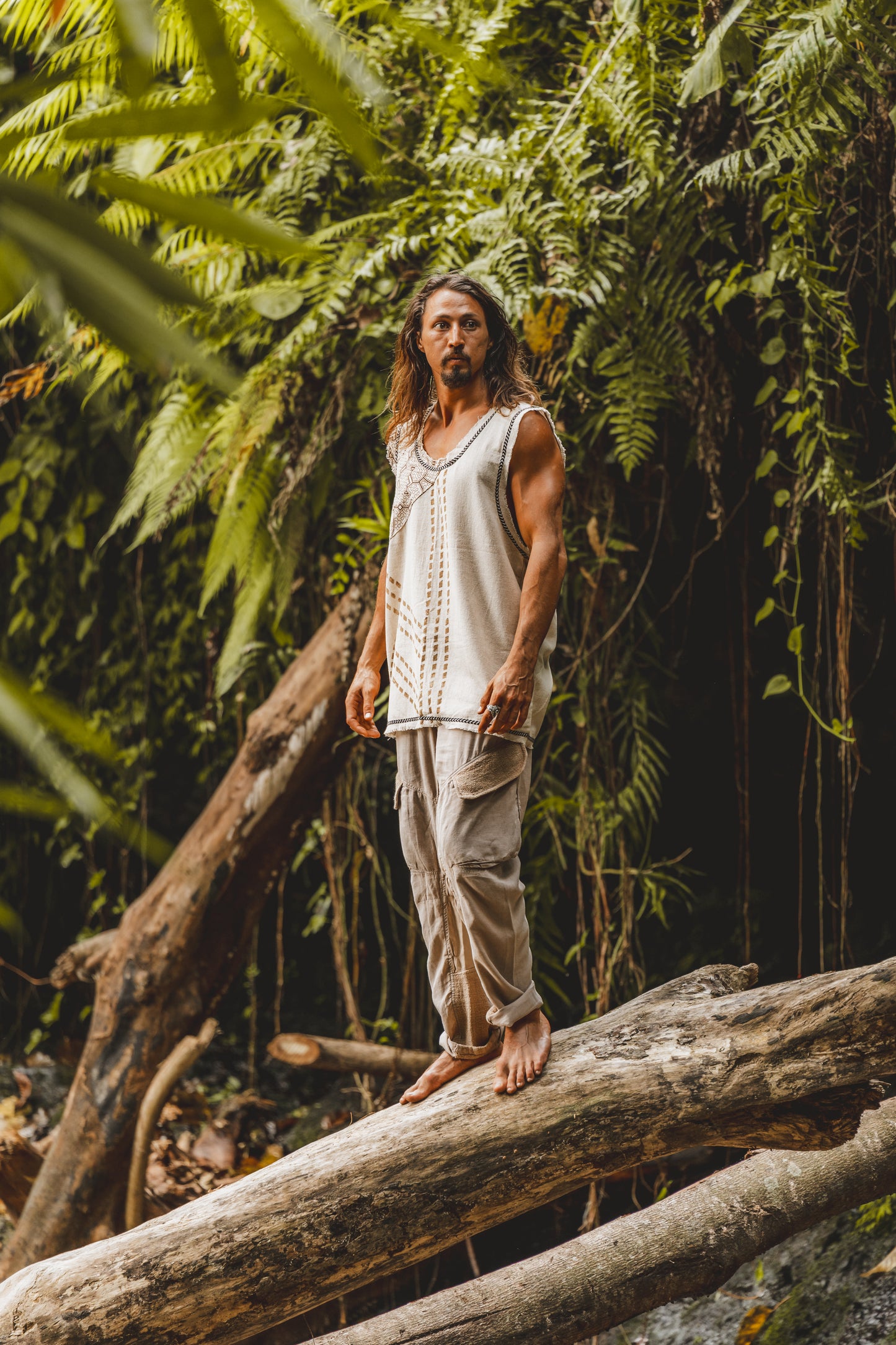 MUKTI Beige Mens Débardeur sans manches Combo Shipibo et Block Print sur coton gypsy festival chemise ethnique éclectique Tribal respirant AJJAYA