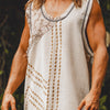 MUKTI Beige Mens Débardeur sans manches Combo Shipibo et Block Print sur coton gypsy festival chemise ethnique éclectique Tribal respirant AJJAYA
