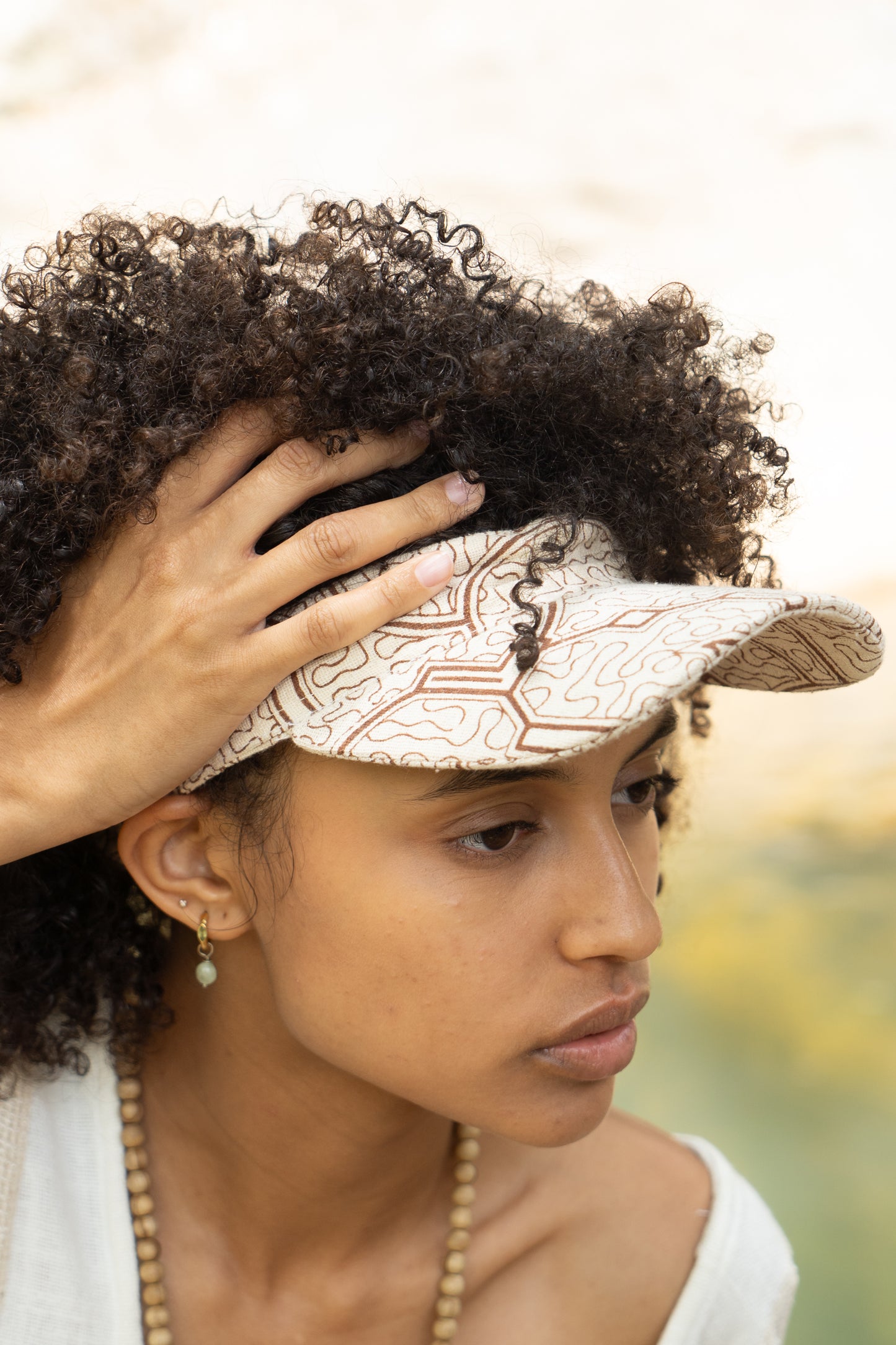 SHIPISOR Womens White Visor Dreadlock Cap with Shipibo Patterns Handmade Natural Cotton Adjustable strap Tribal Festival Ceremony Ritual AJJAYA