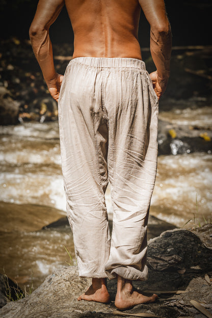 YUGI 米色男士纯棉后宫瑜伽裤天然植物染色口袋瑜伽士透气健身房直筒裤弹性抽绳 Festival Rave AJJAYA