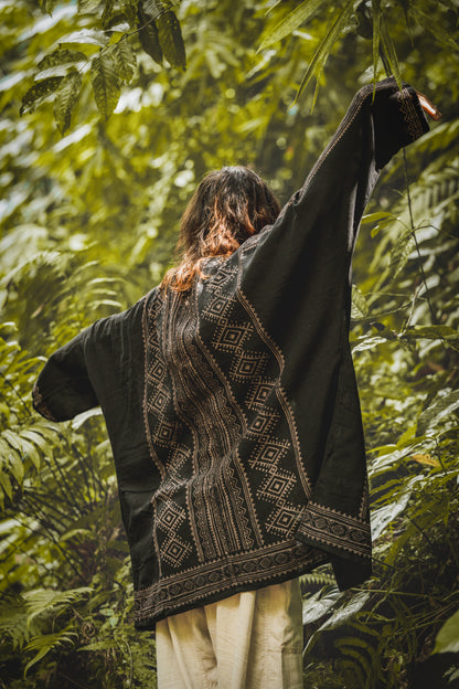 KHAL Black Open Cotton Shirt Mens Top Handwoven Natural Eco Dyed Block Printed Buttonless Gypsy Tribal Primitive Festival Muscle Vest AJJAYA