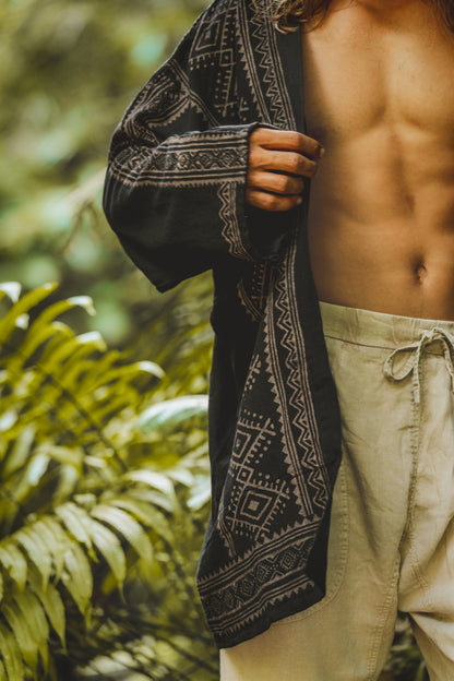 KHAL Black Open Cotton Shirt Mens Top Handwoven Natural Eco Dyed Block Printed Buttonless Gypsy Tribal Primitive Festival Muscle Vest AJJAYA
