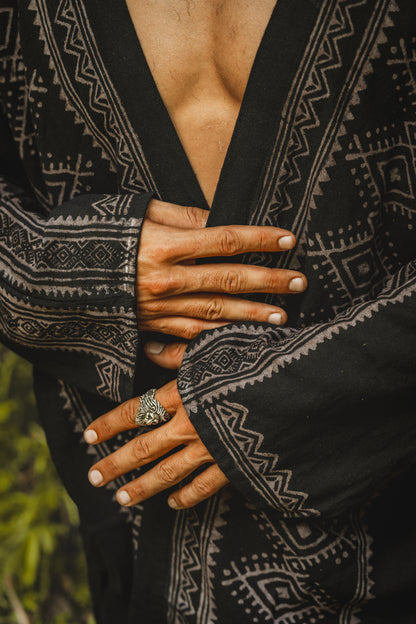 KHAL Black Open Cotton Shirt Mens Top Handwoven Natural Eco Dyed Block Printed Buttonless Gypsy Tribal Primitive Festival Muscle Vest AJJAYA