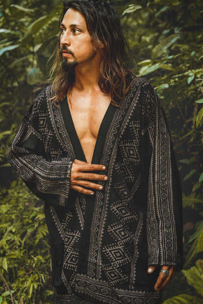 KHAL Black Open Cotton Shirt Mens Top Handwoven Natural Eco Dyed Block Printed Buttonless Gypsy Tribal Primitive Festival Muscle Vest AJJAYA