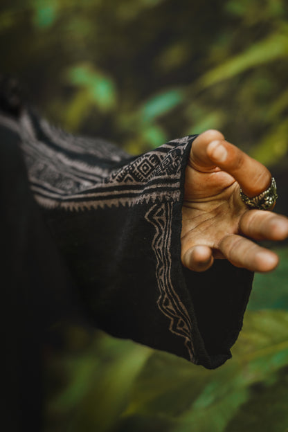 KHAL Black Open Cotton Shirt Mens Top Handwoven Natural Eco Dyed Block Printed Buttonless Gypsy Tribal Primitive Festival Muscle Vest AJJAYA