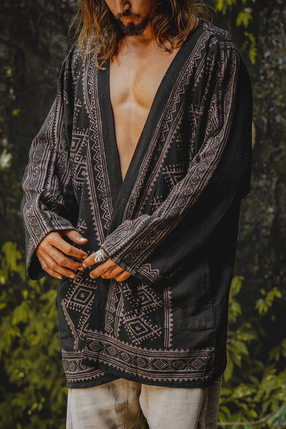 KHAL Black Open Cotton Shirt Mens Top Handwoven Natural Eco Dyed Block Printed Buttonless Gypsy Tribal Primitive Festival Muscle Vest AJJAYA