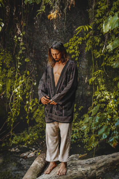 KHAL Black Open Cotton Shirt Mens Top Handwoven Natural Eco Dyed Block Printed Buttonless Gypsy Tribal Primitive Festival Muscle Vest AJJAYA