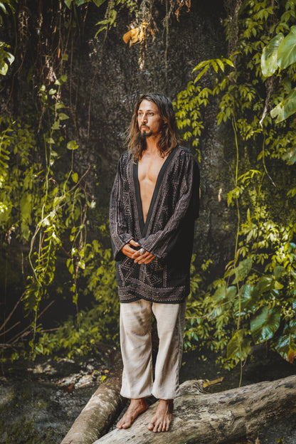 KHAL Black Open Cotton Shirt Mens Top Handwoven Natural Eco Dyed Block Printed Buttonless Gypsy Tribal Primitive Festival Muscle Vest AJJAYA