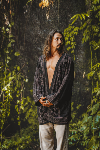 KHAL Black Open Cotton Shirt Mens Top Handwoven Natural Eco Dyed Block Printed Buttonless Gypsy Tribal Primitive Festival Muscle Vest AJJAYA
