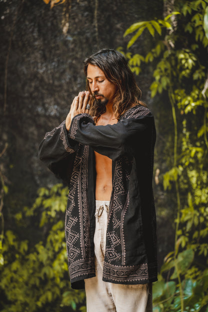 KHAL Black Open Cotton Shirt Mens Top Handwoven Natural Eco Dyed Block Printed Buttonless Gypsy Tribal Primitive Festival Muscle Vest AJJAYA