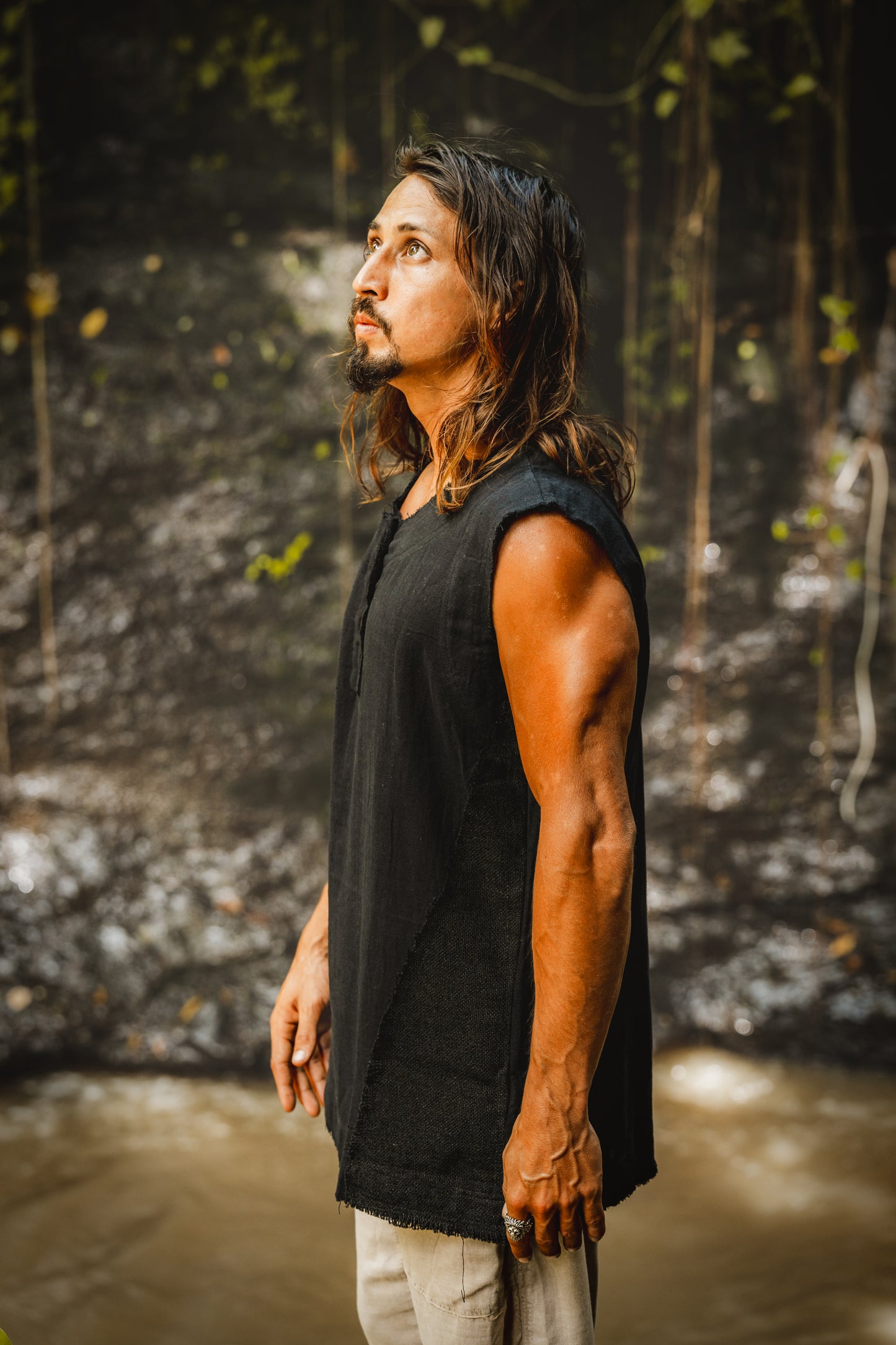 NEO Tank Top Black Mens Handmade Neo Gypsy Sleeveless Earthy Top Shirt, Tribal Jungle Natural Savage Neck Festival Rave AJJAYA Nomadic Primitive