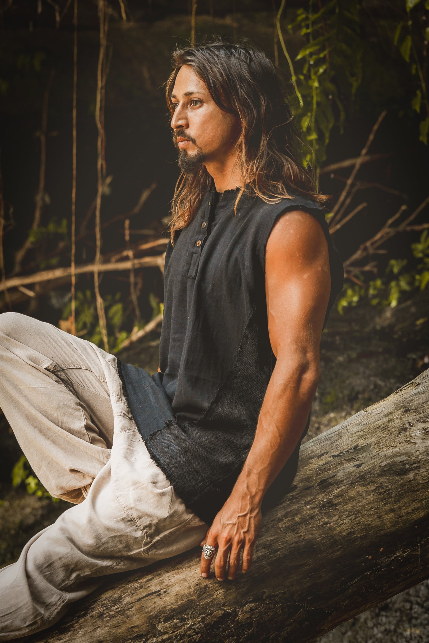 NEO Tank Top Black Mens Handmade Neo Gypsy Sleeveless Earthy Top Shirt, Tribal Jungle Natural Savage Neck Festival Rave AJJAYA Nomadic Primitive