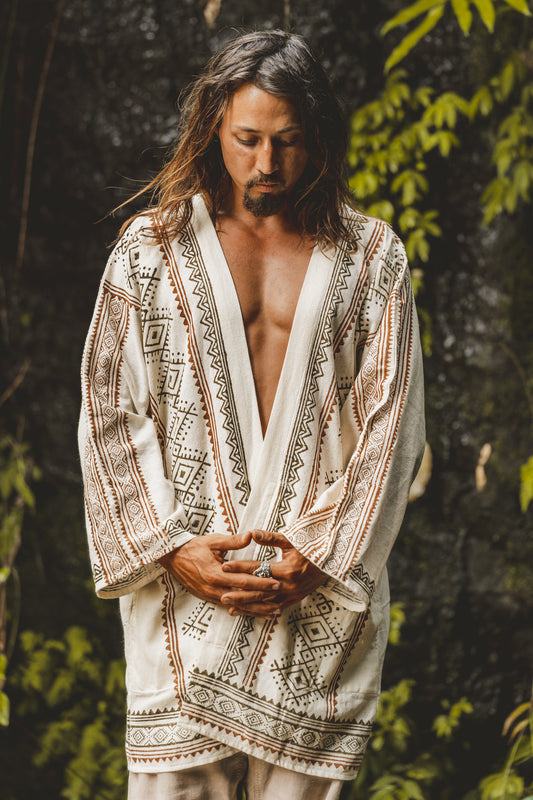 KHAL Beige Mens Open Cotton Top Handwoven Shirt Natural Eco Dyed Block Printed Buttonless Gypsy Tribal Primitive Festival Muscle Vest AJJAYA