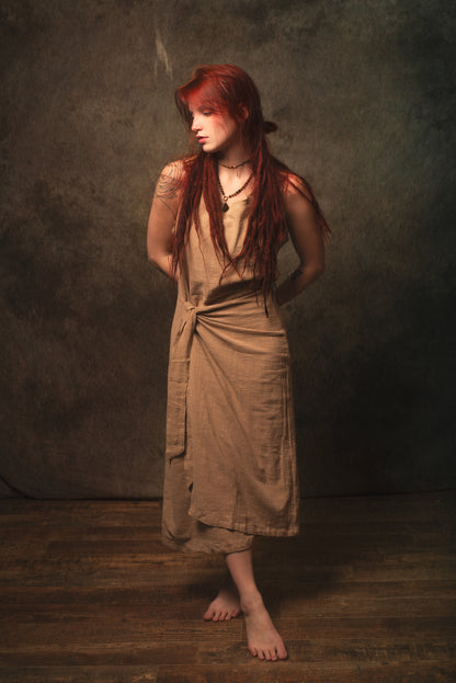 SOFI Wrap Dress Sandalwood Brown Soft Breathable Natural Cotton Festival Ritual Resort Womens Boho Wear AJJAYA