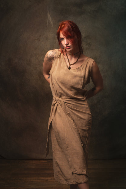 SOFI Wrap Dress Sandalwood Brown Soft Breathable Natural Cotton Festival Ritual Resort Womens Boho Wear AJJAYA