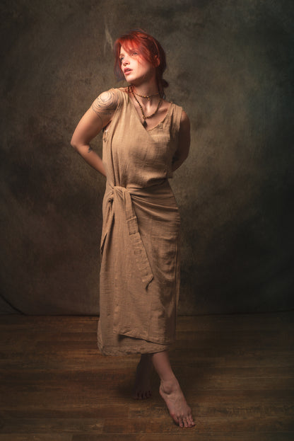 SOFI Wrap Dress Sandalwood Brown Soft Breathable Natural Cotton Festival Ritual Resort Womens Boho Wear AJJAYA
