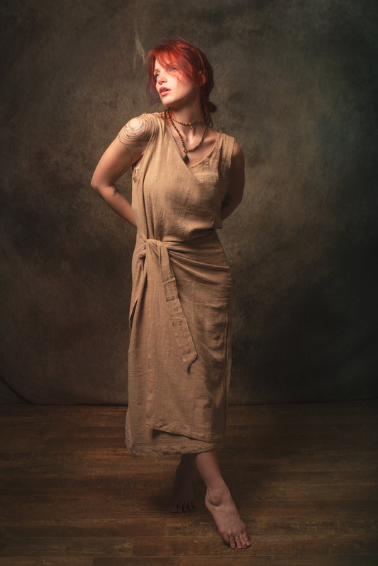 SOFI Wrap Dress Sandalwood Brown Soft Breathable Natural Cotton Festival Ritual Resort Womens Boho Wear AJJAYA