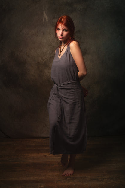 SOFI Wrap Dress Grey Soft Breathable Natural Cotton Festival Ritual Resort Womens Boho Wear AJJAYA