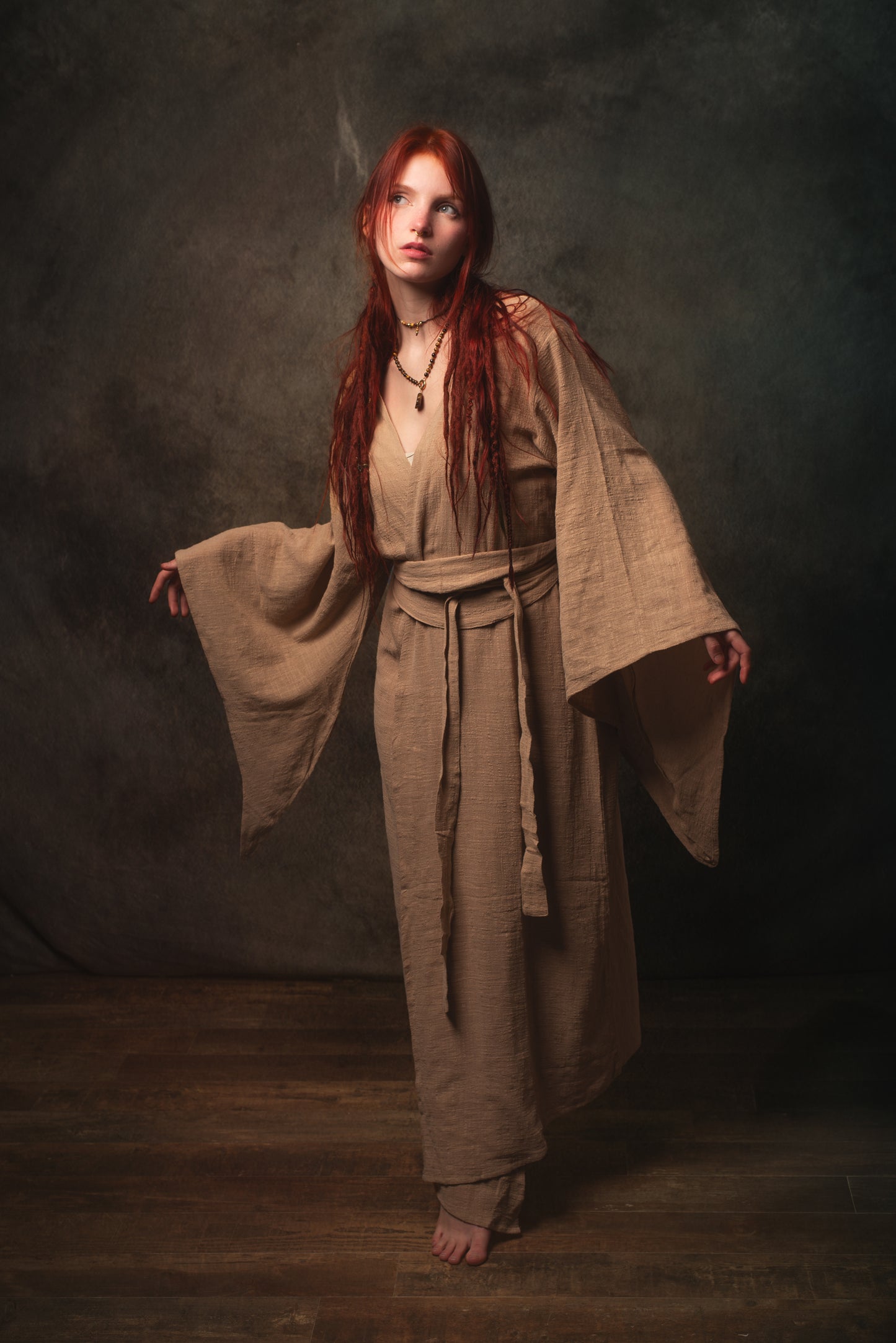 MIRA Womens Kimono Dress Sandalwood Brown Japanese Arm Flairs Soft Breathable Cotton Festival Ritual Resort Wear AJJAYA