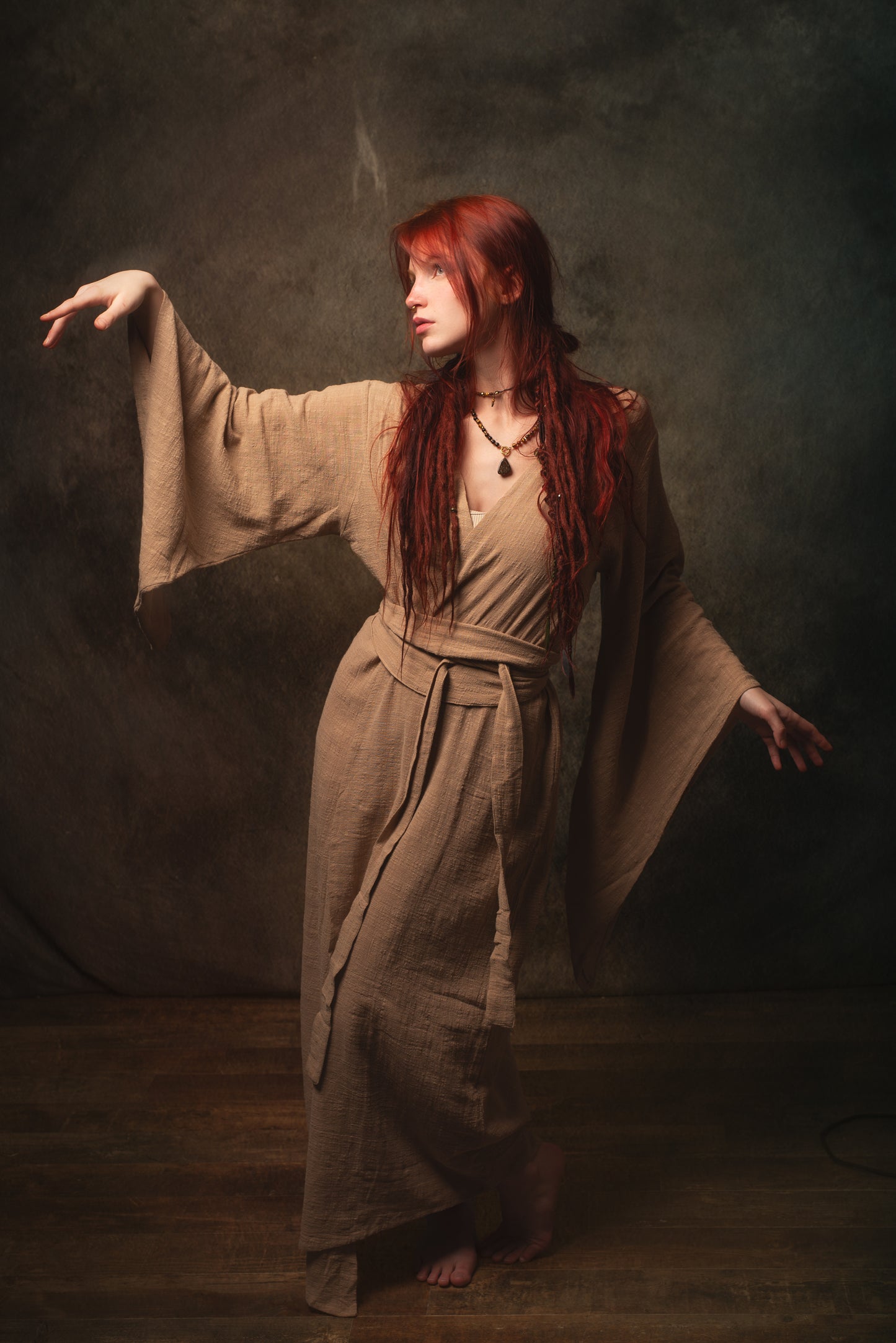 MIRA Womens Kimono Dress Sandalwood Brown Japanese Arm Flairs Soft Breathable Cotton Festival Ritual Resort Wear AJJAYA