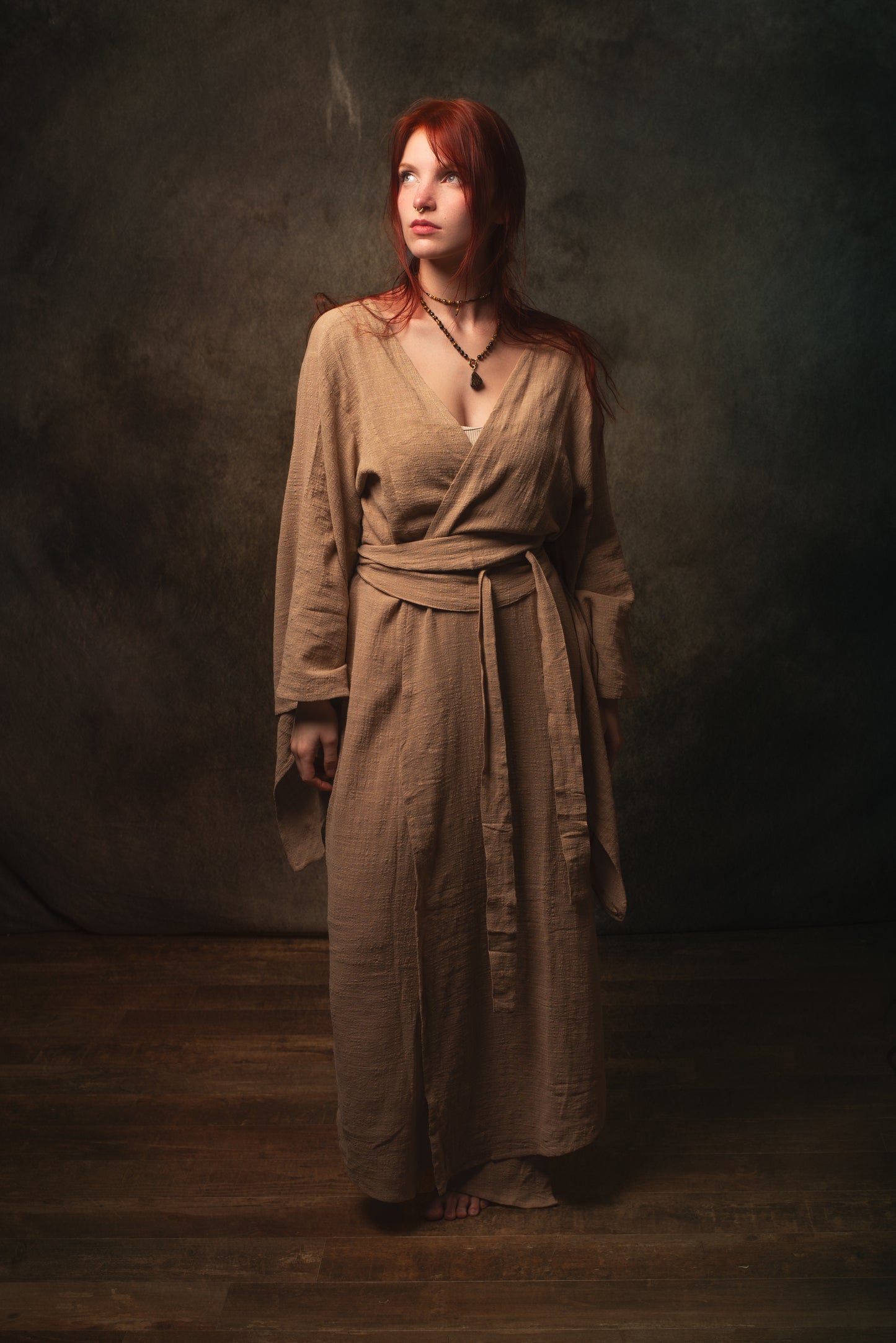 MIRA Womens Kimono Dress Sandalwood Brown Japanese Arm Flairs Soft Breathable Cotton Festival Ritual Resort Wear AJJAYA